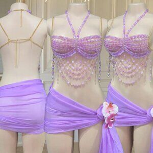 Purple Rave Outfit Crystal Beaded Bra Two Piece Set Matching Skirt Festival Wear